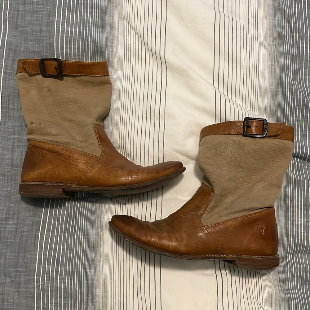 Frye Paige Short Buckle leather and canvas ankle boots